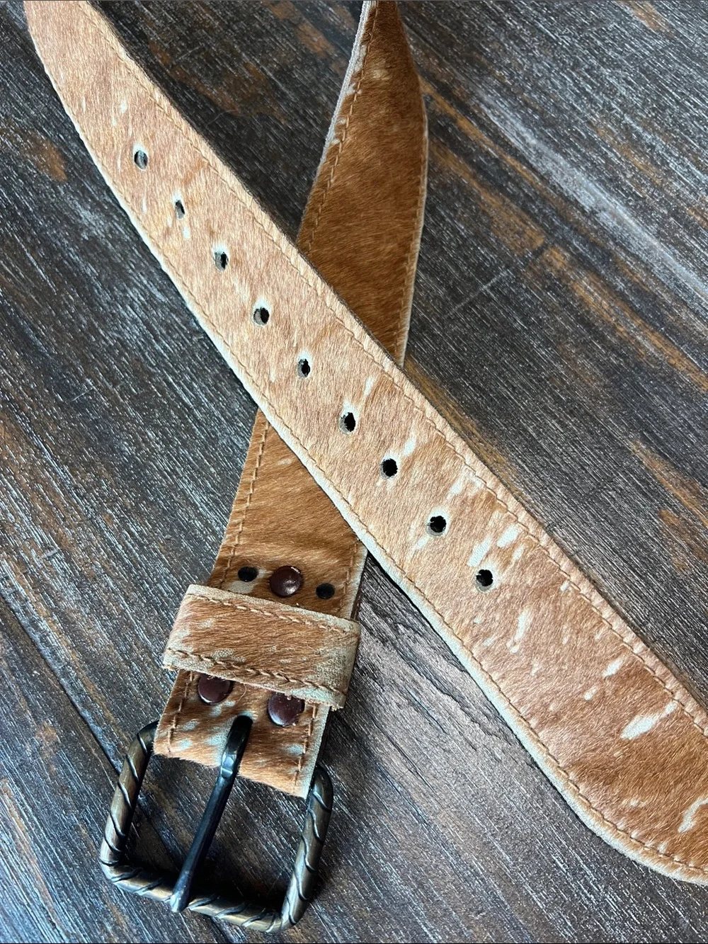 Hair-On Leather Belt with Antique Brass Buckle - Cow Hide. Made in Uruguay